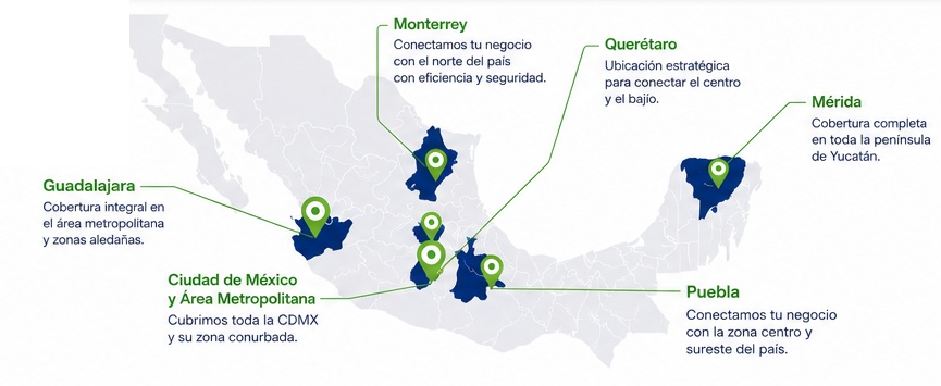 Mapa de cobertura Grupo LRM con ubicaciones en Ciudad de México, Puebla, Querétaro, Guadalajara, Monterrey y Mérida